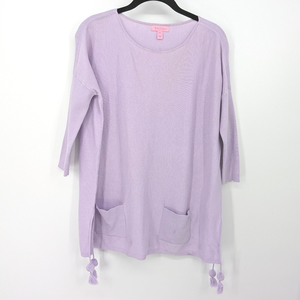 Lilly Pulitzer Elba Sweater Women XXS Purple Tassel Pocket Pullover Oversize